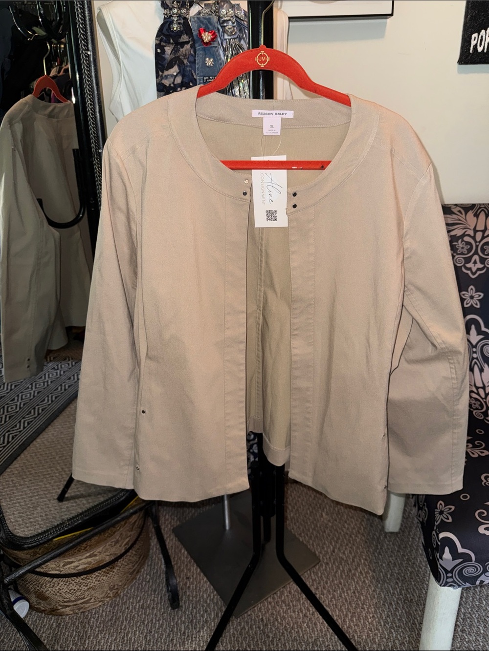 Allison Daley Neutral Beige Collarless Open Jacket